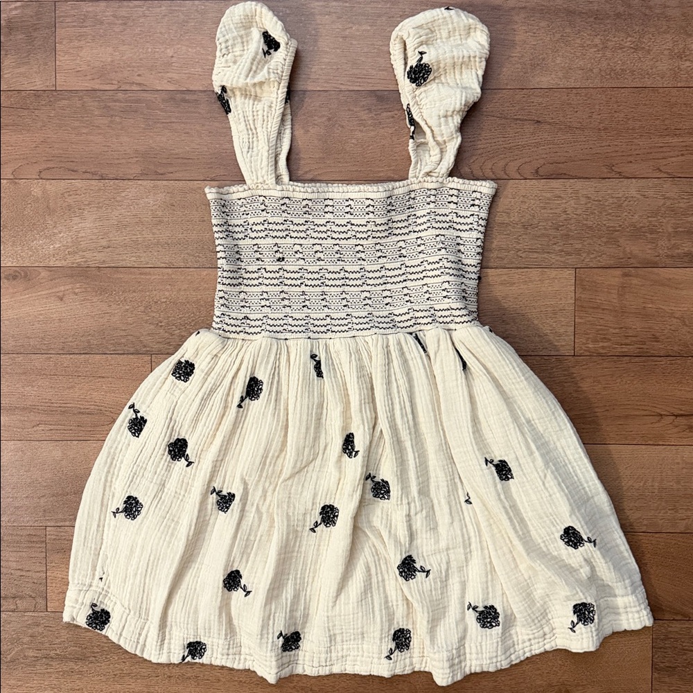 Free People Size Large Tory Smocked Embroidered Floral Mini Dress Beige & Black